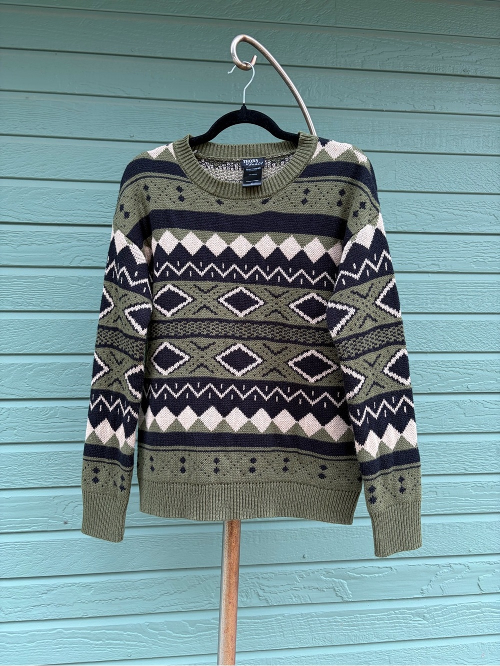 Hot Topic Olive, Black & Cream Fair Isle Crewneck Sweater